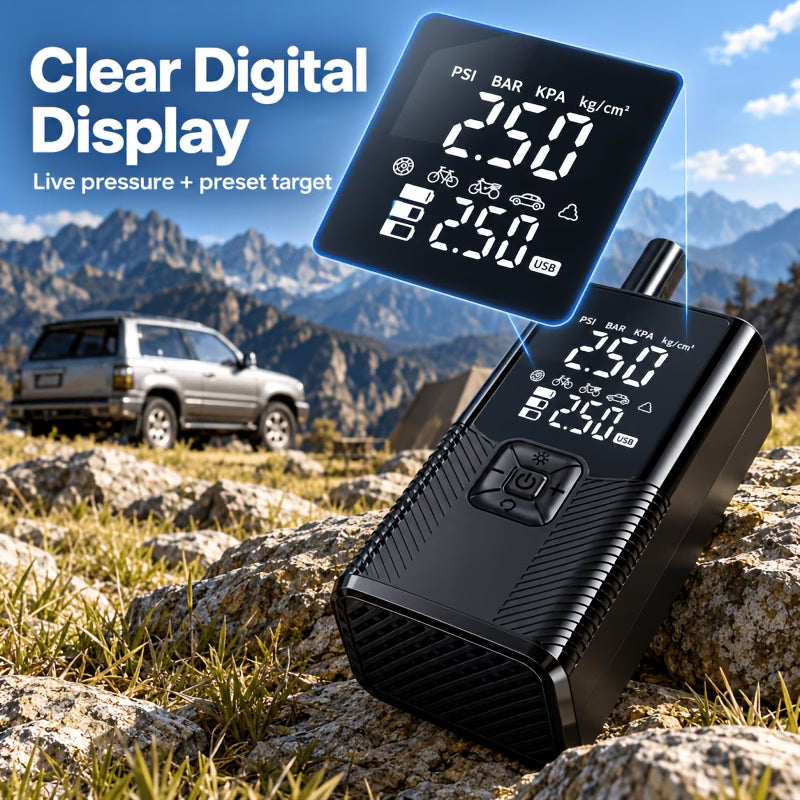 Portable 12V Jump Starter & 150 PSI Air Compressor with LCD Display, USB Port & LED Light