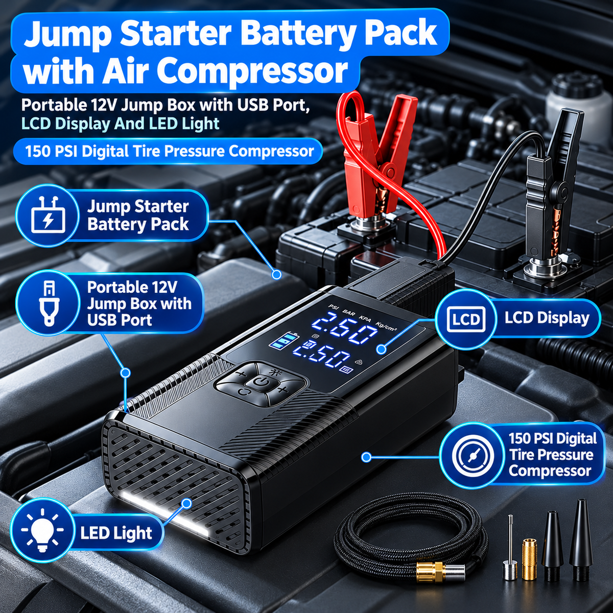 Portable 12V Jump Starter & 150 PSI Air Compressor with LCD Display, USB Port & LED Light