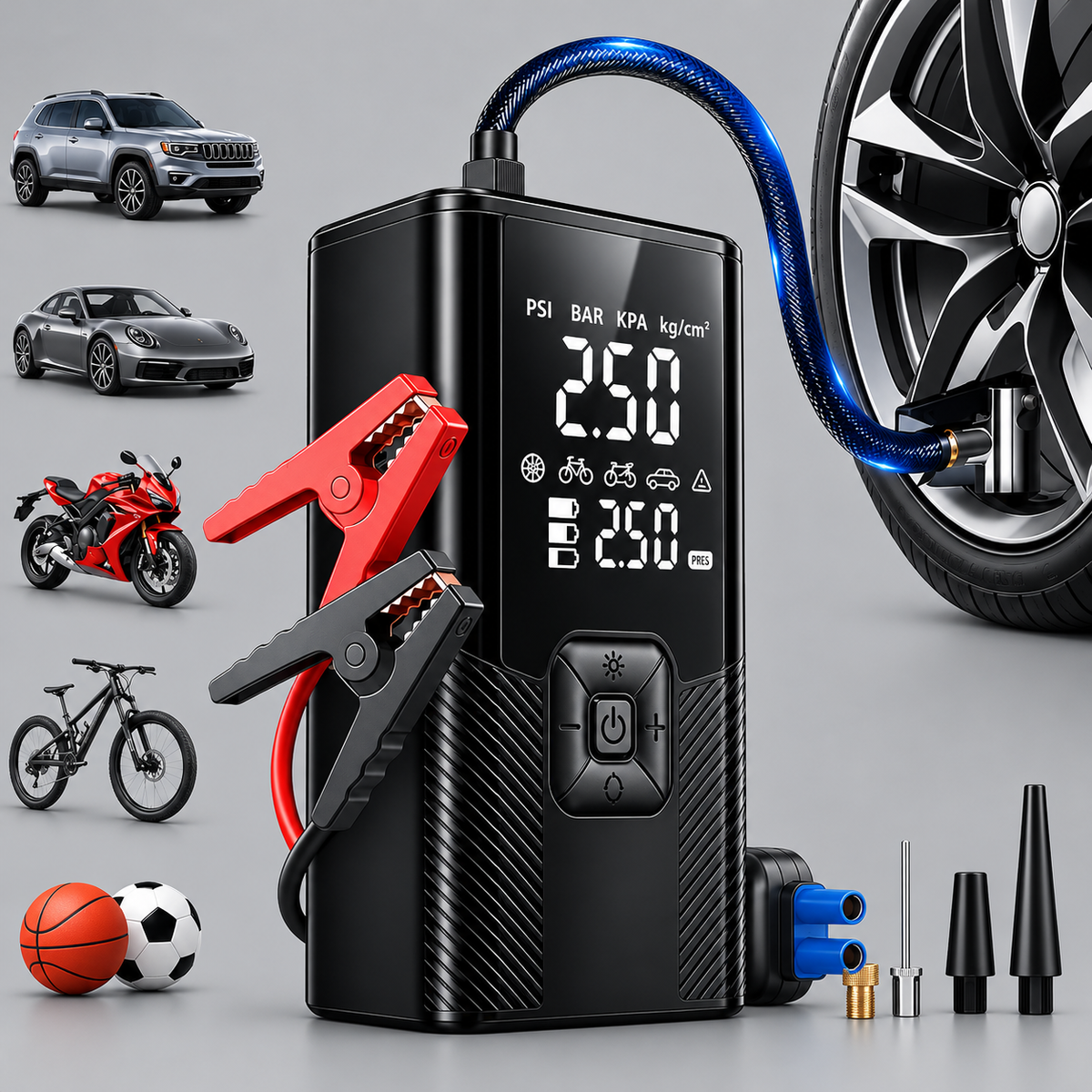 Portable 12V Jump Starter & 150 PSI Air Compressor with LCD Display, USB Port & LED Light